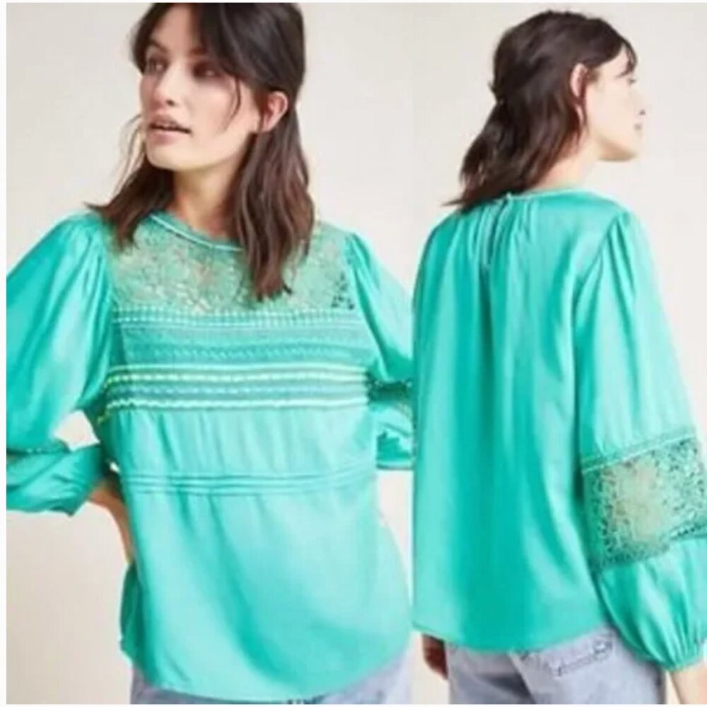ANTHROPOLOGIE Bl^nk Green Boho Peasant Lightweight Summer Blouse Size Large - Picture 2 of 11